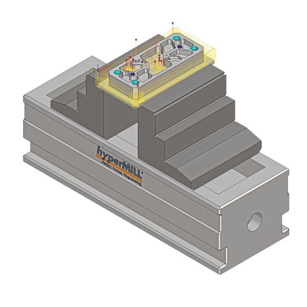 Hypermill Automation Center Basic: Vollständig automatisierte Prozesse von Taschen und Bohrungen. Spannmittel können ebenfalls eingefügt werden. (Open Mind)