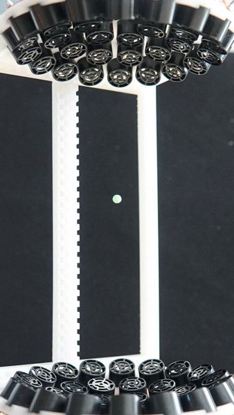 Schwebendes Kunststoffbällchen, gefangen in einem Feld von Ultraschallwellen, die von entgegengesetzten Lautsprechern (Transducern) erzeugt werden. (Viktorija Paneva)