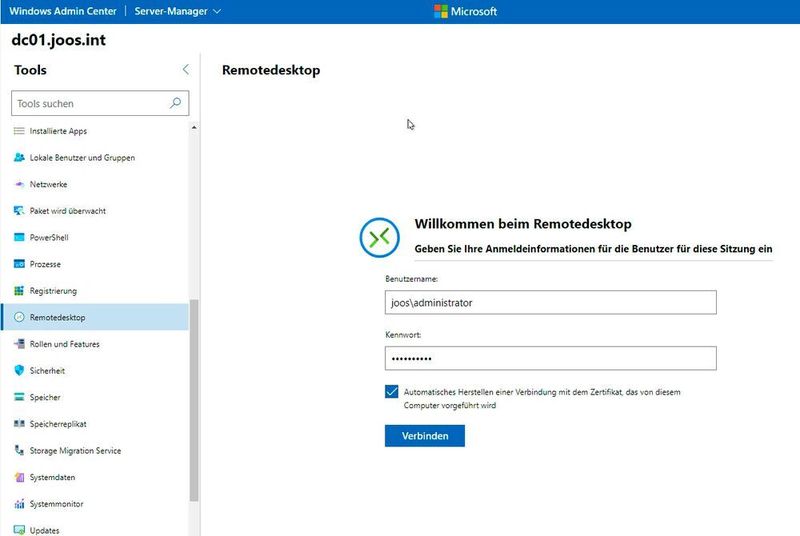 Verbindungsaufbau zu Servern mit dem Remotedesktop im Windows Admin Center. (Microsoft / Joos)