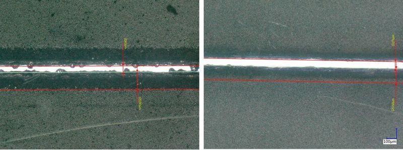 Hier der Qualitätsvergleich von 230 Mikrometer dickem Kathodenmaterial mit einer Schicht aus Lithium-Nickel-Cobald-Magnesium-Qxid. Auch hier gibt es keine Schmelzeperlen, wenn mit dem Axialscan-II-50 gearbeitet wird (rechts). (Sonplas)
