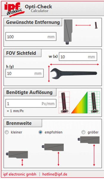 Nach Eingabe von nur wenigen Parametern erhält der Anwender durch das schlanke Programm Vor-schläge für Lösungen mit der passenden Brennweite. (IPF Electronic)