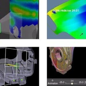 Abbildung 1: Einsatz von Metaphern in der VRAbb. 1a (links oben): Fehlfarbendarstellung in der Reinigungssimulation,Abb. 1b (rechts oben): Messprobe in der Lackiersimulation,Abb. 1c (links unten): Schnitt durch Werkstück in der Gießsimulation,Abb. 1d (rechts unten): Animationssteuerung in der Gießsimulation