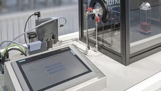 The compressed air-operated two-substance nozzle allows safe, easily adjustable disinfection. The spectrum ranges from packaging materials to demanding pharmaceutical applications. (Bürkert Fluid Control Systems)