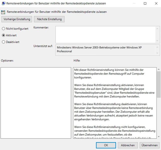 Steuern des Remotedesktops über Gruppenrichtlinien. (Bild: Joos / Microsoft)
