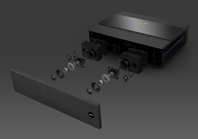 In der Front des Geräts sitzen zwei 5-Watt-Lautsprecher mit einem Hoch- und einem Tieftöner sowie virtuellem Surround. (Benq)