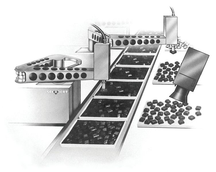 In Zusammenarbeit mit dem Kernforschungszentrum Karlsruhe entwickelte Schubert 1984 das programmgesteuerte Schubert-Bildanalyse-System, das beim Verpacken von Kleinteilen, wie z. B. Pralinen, ungeordnete Objekte auf dem Fließband erkennen sowie ihre Positionen und Drehlage bestimmen konnte. (Bild: Schubert)