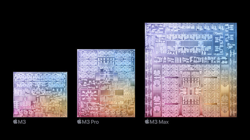 Apples neue System-on-a-Chip-Familie M3 im Vergleich: Der Transistorzuwachs vom Grundmodell M3 über den M3 Pro zum Top-Modell M3 Max – von 25 über 37 bis hin zu 92 Milliarden Transistoren – erfordert deutlich mehr Chipfläche.