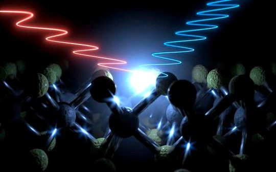 Ein roter Laserstrahl fällt auf den nur atomar dünnen Kristall WSe2 (Wolframdiselenid). Dabei wird das rote Licht des Lasers in ein blaues Leuchten umgewandelt. Das passt eigentlich nicht ins Erwartungsbild. So entdeckte ein internatianales Forscherteam Elektronen mit negativer Masse.(Bild:  Felix  Hofmann)