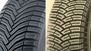 Geschichte wiederholt nicht, Reifenprofile aber scheinbar schon: der Michelin Crossclimate von 2015 (li.) und der Dunlop M+S von 1956. (Dunlop/Michelin)