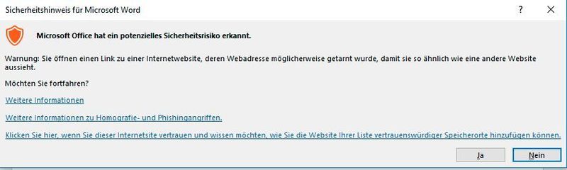 Warnung von MS-Word (2016), wenn in einem Dokument ein Link angeklickt wird, der zu einer Domain in Punycode-Schreibweise führt. (R. Dombach)