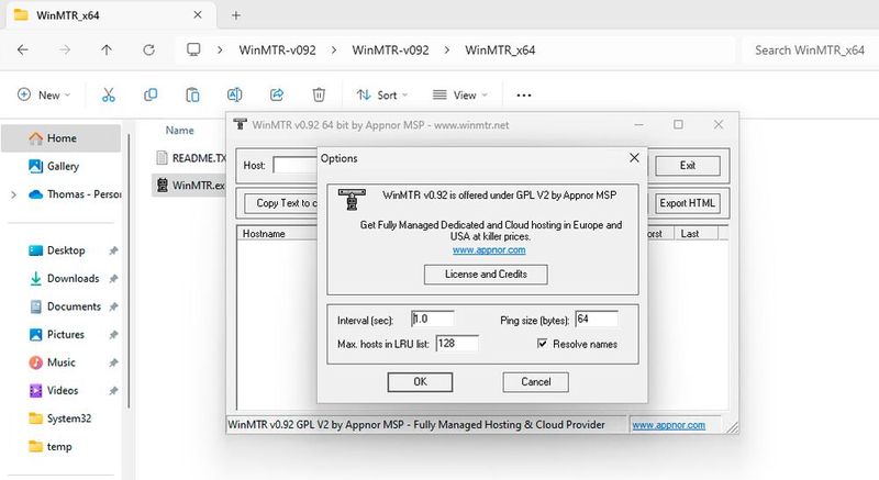Anpassen der Optionen von WinMTR. (Bild: Joos - WinMTR)