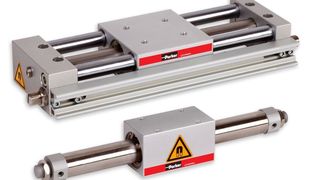 Magnetgekoppelte, pneumatische Linearantriebe der Baureihe P1Z: Mit frei drehbarem Mitnehmer (vorn) oder parallel geführtem, verdrehgesichertem Mitnehmer (hinten). Bild: Parker Origa (Archiv: Vogel Business Media)