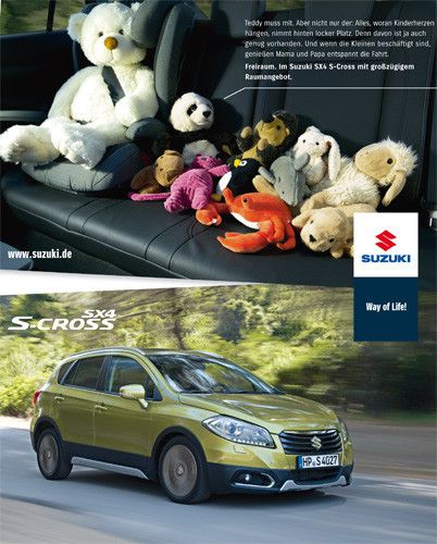 „Teddy muss mit. Aber nicht nur der: Alles, woran Kinderherzen hängen, nimmt hinten locker Platz. [...] Freiraum. Im Suzuki SX4 S-Cross mit großzügigem Raumangebot.“ (Bild: Suzuki)