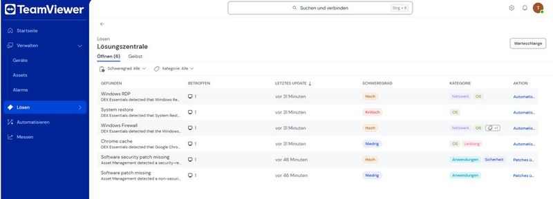 Die Lösungszentrale sammelt offene Vorgänge, filtert nach Schweregrad und Kategorie und führt eine deaktivierte Systemwiederherstellung als kritisch. (Bild: Joos - TeamViewer)