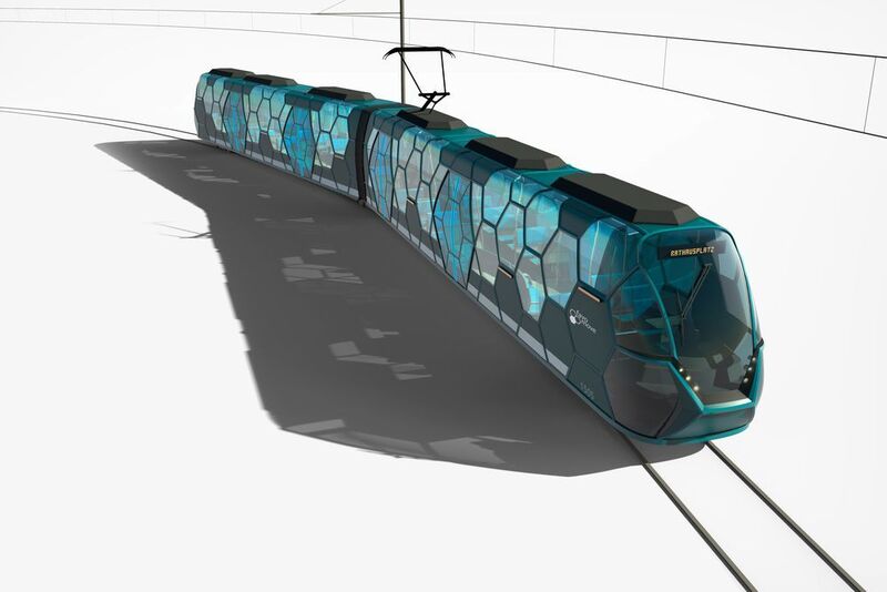 Neuartiges Straßenbahn-Wagenkasten-Konzept mit einer hexagonalen Tragwerkstruktur, das sich durch Leichtbau und offenes Design mit großer freier Sichtfläche auszeichnet. (Panik Ebner Design)