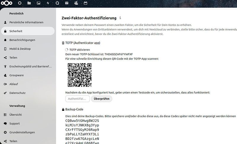 Einrichten der Zwei-Faktor-Authentifizierung in Nextcloud.  (Bild: Joos)