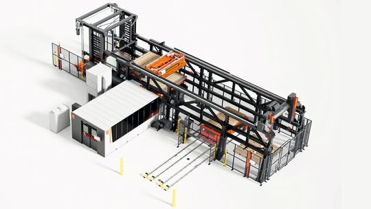 Bystronic präsentiert auf der Euroblech seine Lösungen für Automation in der Blechbearbeitung: Bycut 3015 mit Bytrans Modular, Bysort und  Bytower Cross.(Bild:  Bystronic)