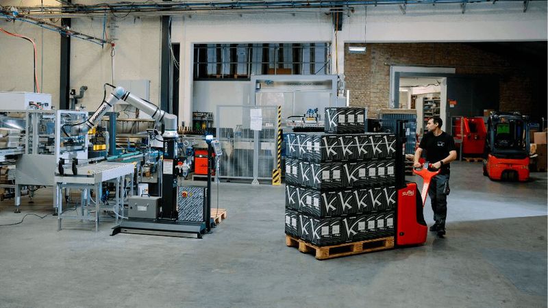Mehr Effizienz beim Handling von Kartons! Denn während ein Raumland-Mitarbeiter eine vollgestapelte Palette holt, palettiert der UR20-Cobot munter weiter. (Bild: Universal Robots)