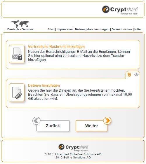 Mit dem Cryptshare Web-Interface lassen sich vertrauliche Nachrichten sowie Dateien anhängen (Bild: befine Solutions AG)
