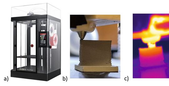 Technologie MEX (FFF/FDM) pour la ­fabrication additive de pièces métalliques en acier inoxydable 316L : a) imprimante Raise3D Pro2 Plus,  b) pièce verte (green part) après impression,  c) caméra thermographique Xi 80 LT ETH pour l’analyse du procédé.(Source :  HEPIA)