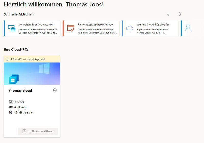 Zurücksetzen eines Cloud-PCs mit Windows 365 über das Web-Portal. (Joos)
