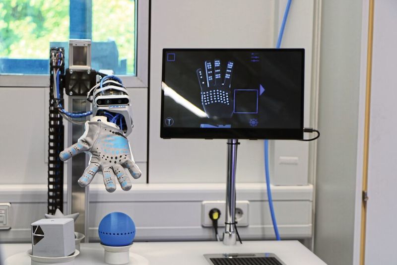 Die Hand trägt einen Handschuh mit taktilen Kraftsensoren an den Fingerkuppen, der Handfläche und den Außenseiten der Roboterhand. So kann sie fühlen, wie hart das Greifgut ist und wie gut es in der Hand liegt, und ihre Greifkraft – genau wie wir Menschen – an den jeweiligen Gegenstand anpassen. Zusätzlich sitzt am Inneren des Handgelenks eine Tiefenkamera zur visuellen Objekterfassung. (Ute Drescher/konstruktionspraxis)