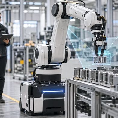 Künstliche Intelligenz hilft Robotern, ihre Umgebung zu erfassen, Bewegungen zu planen und flexibel auf neue Aufgaben zu reagieren. (Bild: KI-generiert)