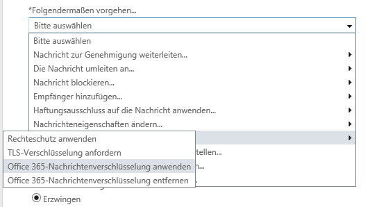 Danach gilt es, bei „Folgendermaßen vorgehen“ die Verschlüsselung zu aktivieren. Hierfür sorgt die Option „Die Nachrichtensicherheit ändern\Office 365-Nachrichtenverschlüsselung anwenden“. (Bild: Thomas Joos)