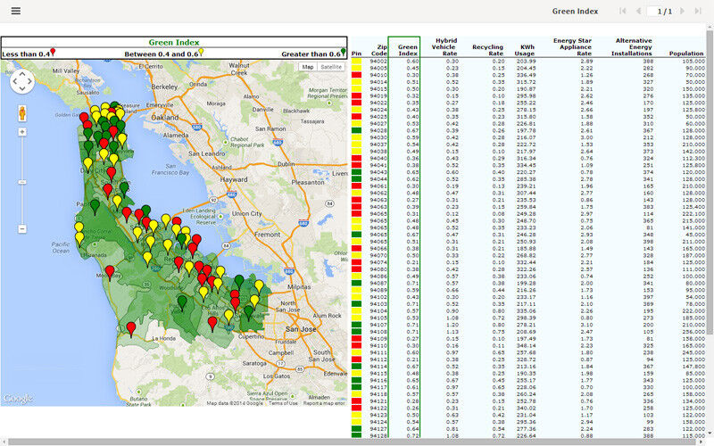 Diese interaktive BIRT-Karte zeigt an, wie hoch in Nordkalifornien der Grad der Nutzung alternativer Energien ist (Green Index). Rote Signale zeigen einen Mangel an Nachhaltigkeit an. (Bild: Open Text)