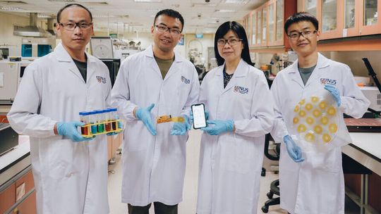 Prof Ho Ghim Wei (third from left) and her team - (from left) Dr Pan Xinglong, Dr Tian Guo, and Dr Li Zhiwei - have developed a hydrogel sensor system that delivers seamless, real-time monitoring of mental wellbeing.(Source:  NUS)