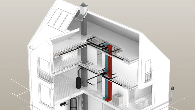 Lüftungsnetzwerk Erlus Via Vento S: Der vertikale Schacht ist sehr schmal und passt in jede 17,5 cm starke Wand - für mehr Spielraum, die Lüftungsschächte im Grundriss zu positionieren. (Bild:  Erlus AG)