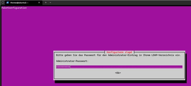 Der Konfigurationsdialog des slapd-Pakets fragt bei der Installation das Kennwort für den Administrator-Eintrag des LDAP-Verzeichnisses ab. (Bild: Canonical - Joos)