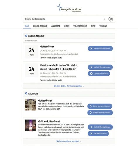 (Wer auf der Website der Evangelischen Kirche im Rheinland etwa nach Online Gottesdiensten sucht, erhält keine unsortierte Sammlung von Links mehr, sondern erhält korrekte Antworten mit Mehrwert. Bild: Screenshot EKiR)