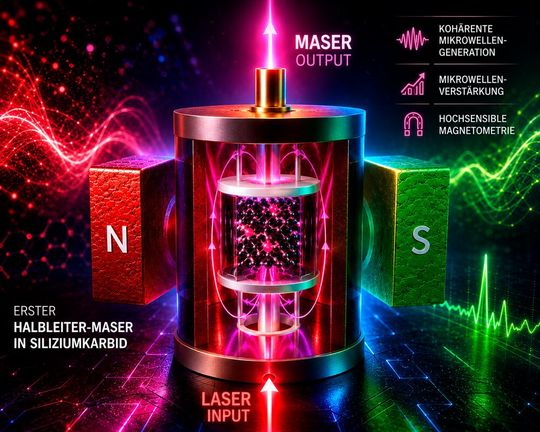 Der Maser wird salonreif! Denn Würzburger Wissenschaftlern ist es gelungen, einen Maser zu entwickeln, der aus gut verfügbarem Halbleitermaterial besteht und ohne aufwendige Kühlung auskommt ...(Bild:  A. Gottscholl u. A. Sperlich / Universität Würzburg)