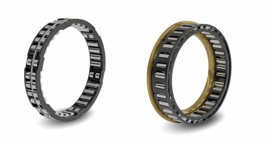 (Lösungen zum Ein- und Auskuppeln des E-Motors: Der Käfigfreilauf ER (re.) verfügt über eine integrierte Radiallagerung; der Typ HRL (li.) hat zusätzlich noch eine integrierte Axiallagerung. Raumfordernde Wälzlager-Baugruppen erübrigen sich daher, was die Realisierung platzsparender, teilereduzierter Antriebssysteme vereinfacht. Bild: Ringspann)