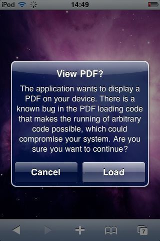 Sicherer als das Original: Nach dem Jailbreak warnt eine zusätzliche Software den iPhone-Nutzer vor dem Nachladen einer PDF-Datei. (Archiv: Vogel Business Media)