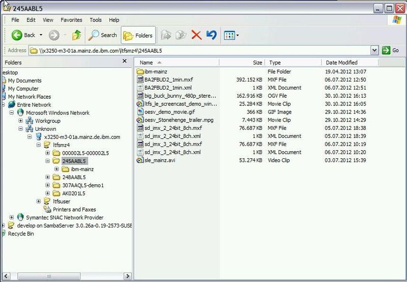LTFS Library Edition unter Windows: Inhalte einer Kassette wir im File-Browser dargestellt. Sichtbar ist hier auch ein Unterverzeichnis auf der Kassette (IBM)