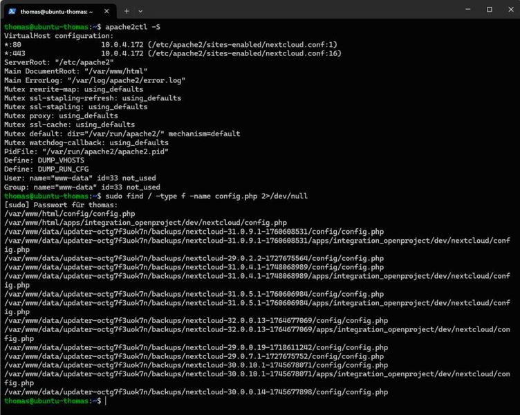 Analyse der aktiven Apache-VirtualHosts mit „apache2ctl -S“ zur Identifikation der genutzten Nextcloud-Konfiguration und des DocumentRoot-Pfads. (Bild: Joos - Nextcloud)