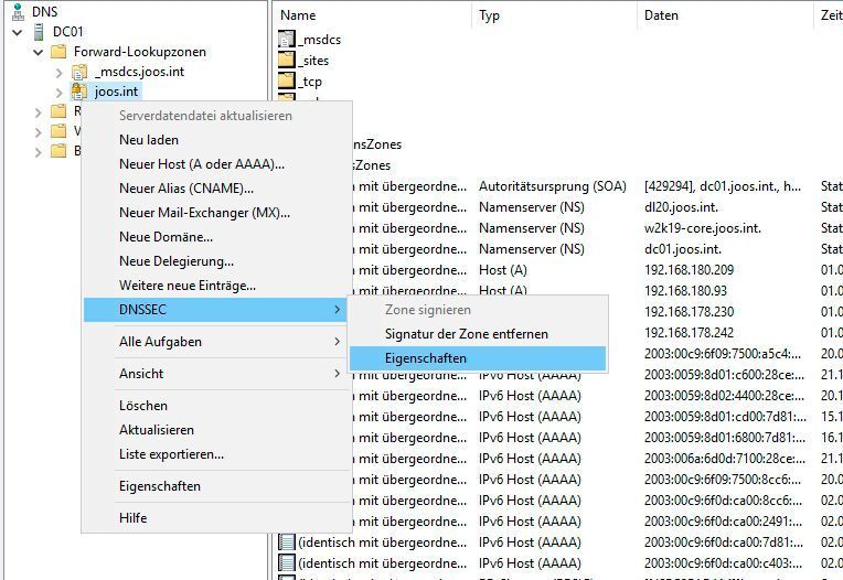 Nach der Einrichtung können über den gleichen Weg auch die Eigenschaften für DNSSEC eingerichtet werden. (Joos)