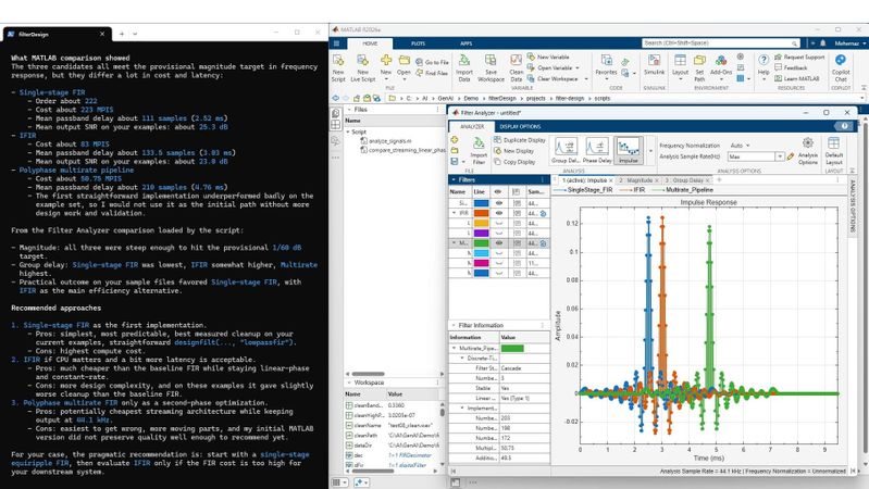 Ein KI-Agent vergleicht mithilfe des Matlab Agentic Toolkits FIR-Filterentwürfe in der Filter-Analyzer-App.(Bild:  MathWorks)