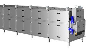 Modular aufgebauter Bandtrockner von Harter zur energieeffizienten Trocknung von Klärschlamm. Die Anlagen können je nach Schlammmenge bzw. Durchsatz flexibel von 1 bis 10 Modulen ausgeführt werden – im Bild eine Anlage mit fünf Modulen. (Bild: Harter)