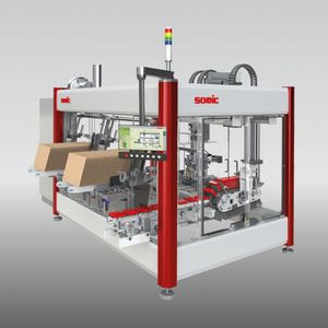 Deckel-Tray-Packer Somic 424 DT zum Sammeln, Gruppieren und Verpacken von Produkten in offenen Kartons oder in Deckel-Tray-Verpackungen (Deckel befindet sich innen).(Bild:  SOMIC)