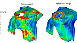 Bild 3: Vergleich des Spannungsniveau des Referenzbauteils mit dem optimierten Design; normiert auf die Fließspannung des Aluminiums. (HS Osnabrück)