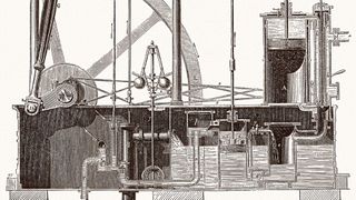 Produktionsanlage mit Dampfmaschine: Rein mechanische Steuerungen hatten Kurbel-, Nocken- und Königswellen. Getriebe und Zahnräder setzten die Geschwindigkeit um.  (Bild: iStockphoto.com/ZU_09)