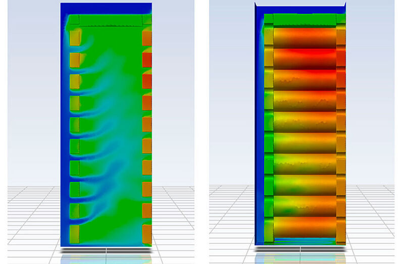 Das Bild zeigt links die Luftverteilung im Batteriemodul, rechts wird die statische Temperaturverteilung simuliert. (Nordic Air Racing Team)