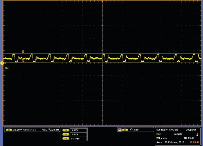 Bild 5: Die Spitzen-Ausgangsspannungswelligkeit des Gleichstromwandlers liegt unter dem tolerierten 50-mV-Höchstwert typischer GPS-Funkmodule (Versorgungsspannung 3,7 V, Ausgangsspannung 1,8 V, Ausgangsstrom 20 mA, Schaltfrequenz 2 MHz im rauscharmen Modus). Die Ausgangswelligkeit beträgt 14,4 mV.  (Bild: ams)
