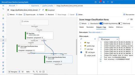 Orchestrieren einer ML-Pipeline auf Microsoft Azure mit Microsofts Azure ML Studio: Das Beispiel trainiert ein kleines neuronales Keras-Faltungsnetzwerk, um Bilder in einem Datensatz zu klassifizieren.(Bild:  Martins/Kobylinska - Microsoft)