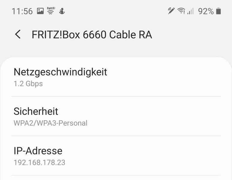 Abbildung 32: Das Samsung Galaxy Note10+ hat sich hier gerade mit der AVM FRITZ!Box 6660 Cable bei nominal 1,2 Gigabit Brutto verbunden. Nicht schlecht für ein so dünnes Handy. (Bild: Harald Karcher)