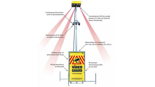 Mit der auffallend gelben Optik und der verbauten intelligenten Kamera- und Beleuchtungstechnik soll der Überwachungsturm das Risiko reduzieren, dass Unbefugte aufs Gelände eindringen.(Bild:  Video Guard)