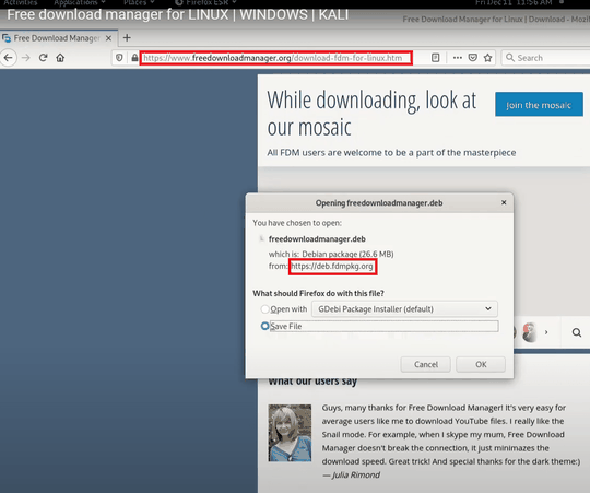 (Nutzer, die das Tutorial zum „Free Download Manager" auf YouTube ansahen, wurden zur bösartigen URL  https://deb.fdmpkg[.]org/freedownloadmanager.deb umgeleitet, die die infizierte Version der Software hostet. (Bild: Kaspersky))